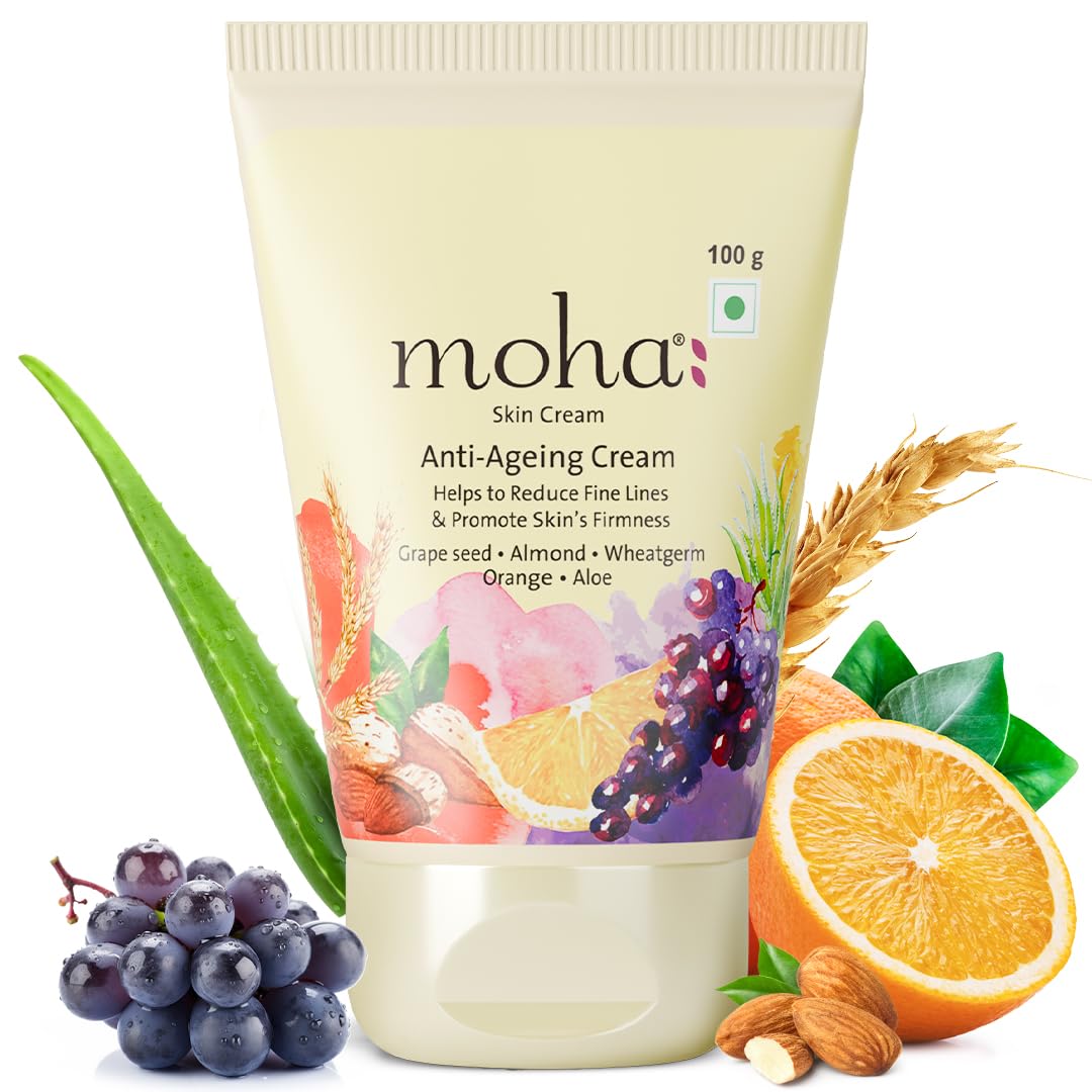 Moha Anti Ageing Cream for Fine Line & Wrinkles | Restores Skin Firmness & Reduces Pigmentation | Enriched with Grapeseed Oil, Aloe Vera & Wheat Germ for Collagen Boost & Radiant Glow | Dermatologically Tested for All Type of Skin - 100g (Pack of 1)