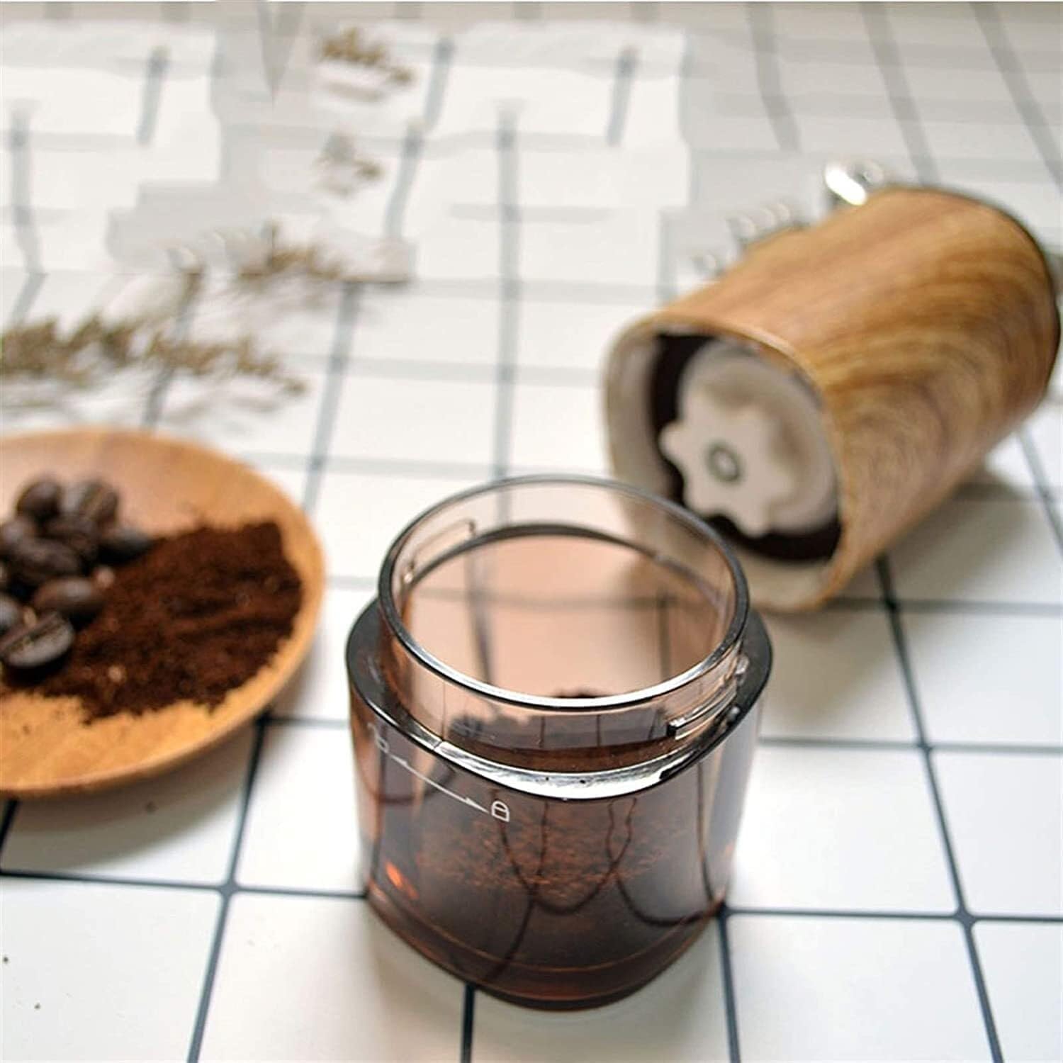 Podróżny Młynek do Kawy Ręczny Młynek Do Kawy Z Ceramicznymi Żarnami Dwa Przezroczyste Szklane Słoiki Regulowany Uchwyt Ze Stali Nierdzewnej Kompaktowy Espresso(Beige)