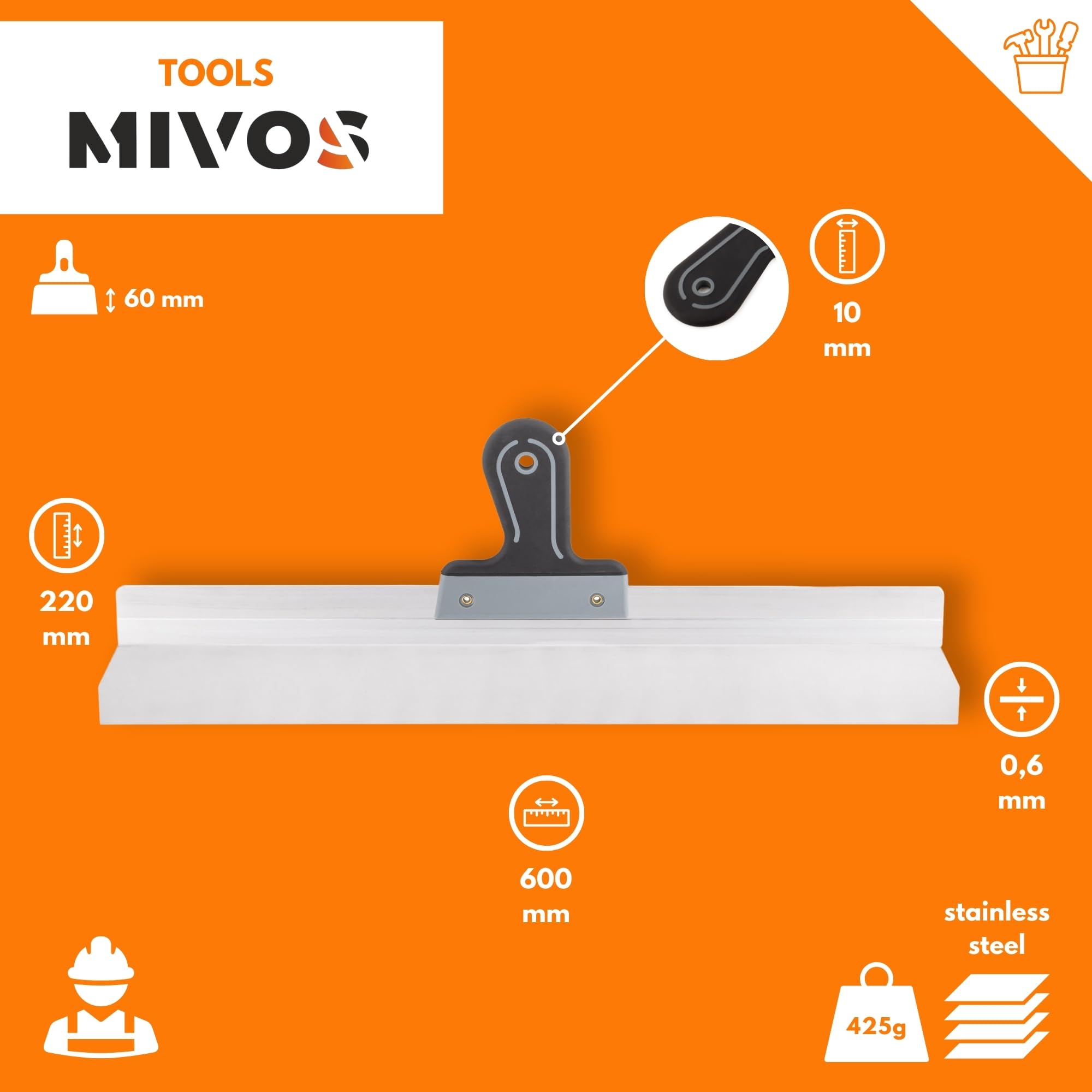 Mivos Couteau à Enduire de Façade avec Lame Large en INOX 600 mm - Couteau à Mastic pour Lisser les Grandes Surfaces - Spatule de Façade avec Soft Poignée - Made in EU