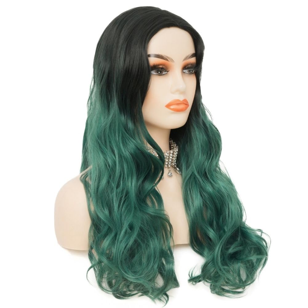 Siudus Black to Green Long Wavy Wigs for Women Curly Ombre Green Synthetic Natural Middle Part Wave Hair Wig for Halloween Daily Use - Image 3