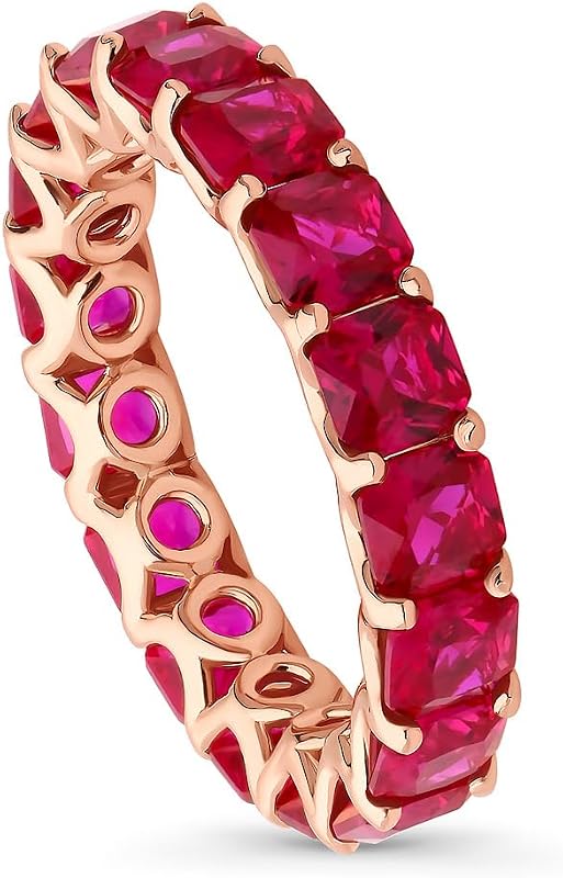 Anillo de eternidad apilable de plata de ley con destellos de oro rosa para mujer, conjunto de pavé rojo con circonita cúbica de corte princesa CZ