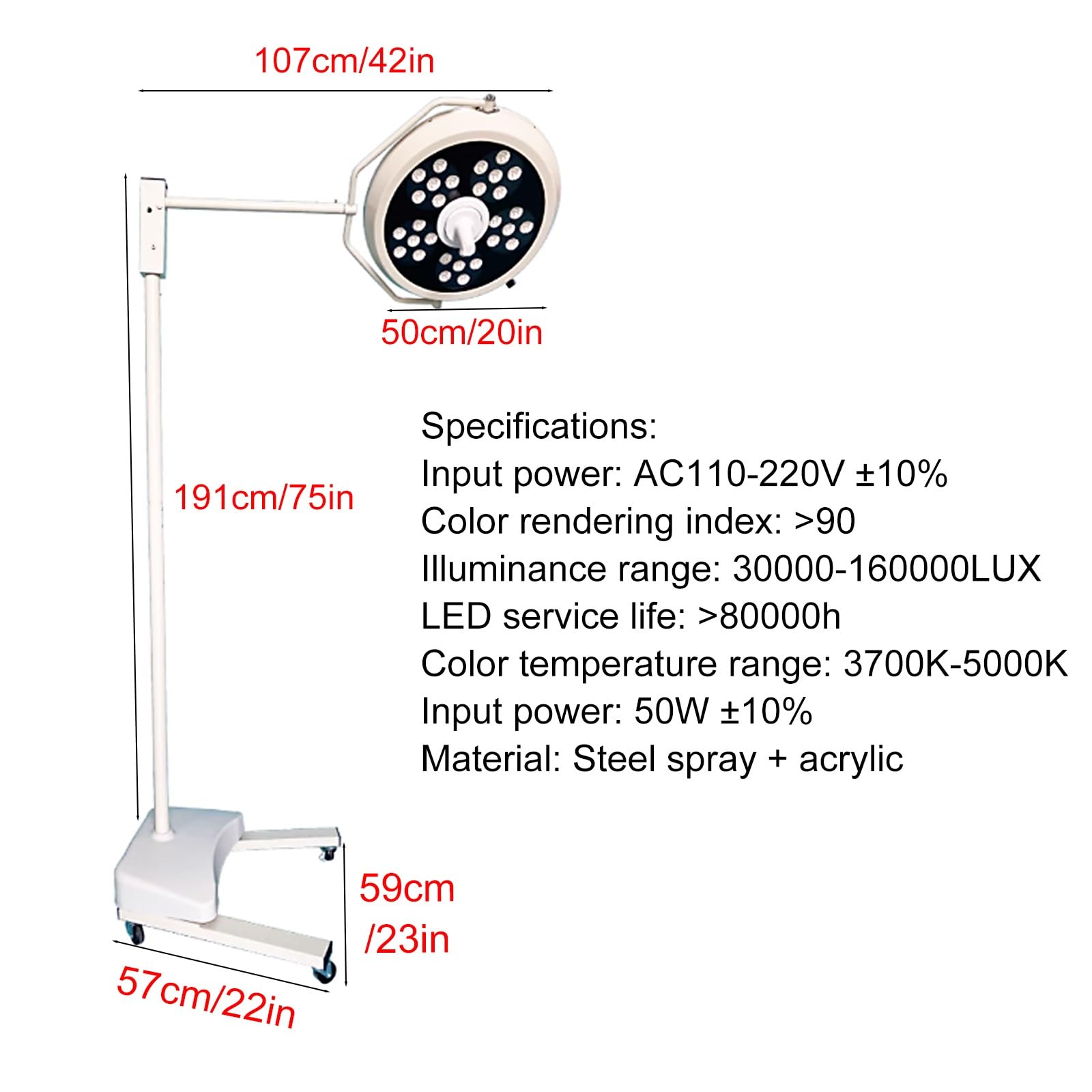 Lampa Mobilna LED Bezcieniowa, Lampa Chirurgiczna LED do Badań Medycznych, Lampa Stomatologiczna z Pokrętłem do Regulacji Jasności do Ambulatoryjnych Badań Ginekologicznych