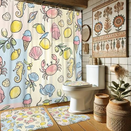 Rideau de douche polyester imperméable anti-moisissure avec tapis crabe - 2