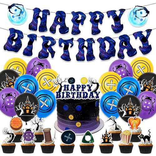 29PCS Cor-aline Happy Birthday Decorations Set Cor-aline Themed Banner 18 Latex Balloons Cake & Cupcake Toppers Complete Birthday Party Supplies