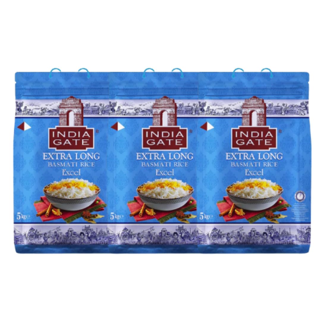 India Gate Extra Long Basmati-Reis Excel-Sparpaket 3 x 5 kg (15 kg) | Aromatischer Reis für Biryani, Pilaw & die tägliche Küche | Produkt aus Indien