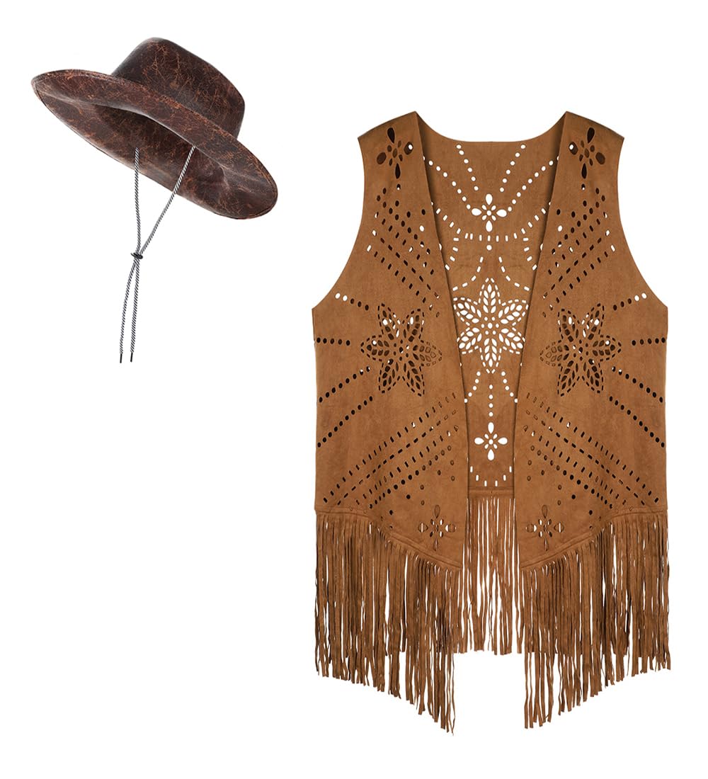 Women Western Cowboy Outfits Retro Cowgirl Hippie Costume Hat Sleeveless Cut-out Pattern Jackets Vest with Tassel Faux Suede Cowboy Hat Fringe Vest Fancy Dress Costume Set Brown, Black