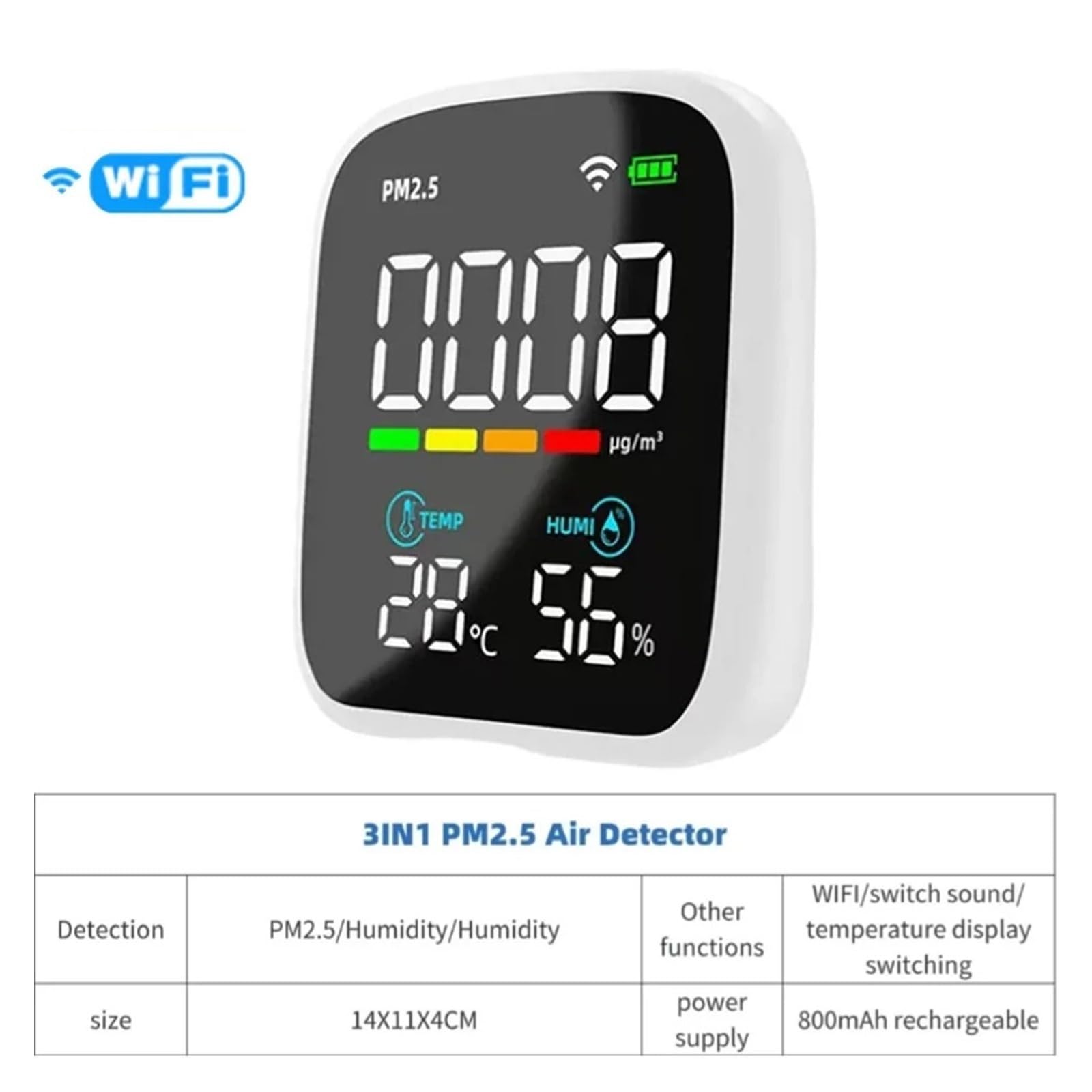 Air Quality Monitor, WIFI 8 In 1 Monitor A Qualità 'aria CO2 HCHO TVOC PM1.0 PM2.5 PM10 Tester Misuratore Di Umidità A Temperatura Rilevatore Biossido Carbonio(PV28BW 3 IN 1 PM2.5)