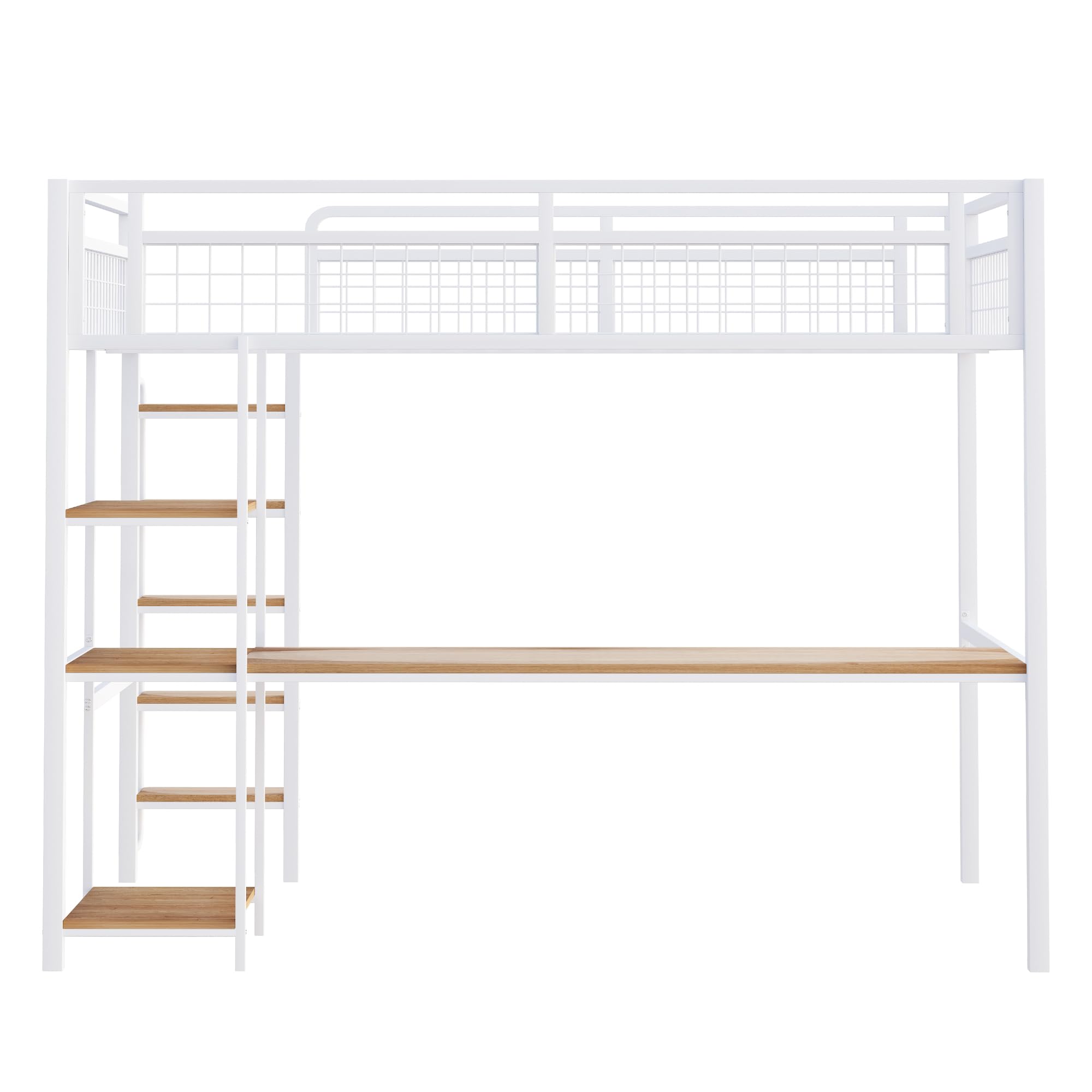 Cama alta de metal de 140 x 200 cm, escalera de seguridad con escalera, cuna con mesa y estante, cama para adultos, valla de seguridad de malla metálica (blanco, 140 x 200 cm)