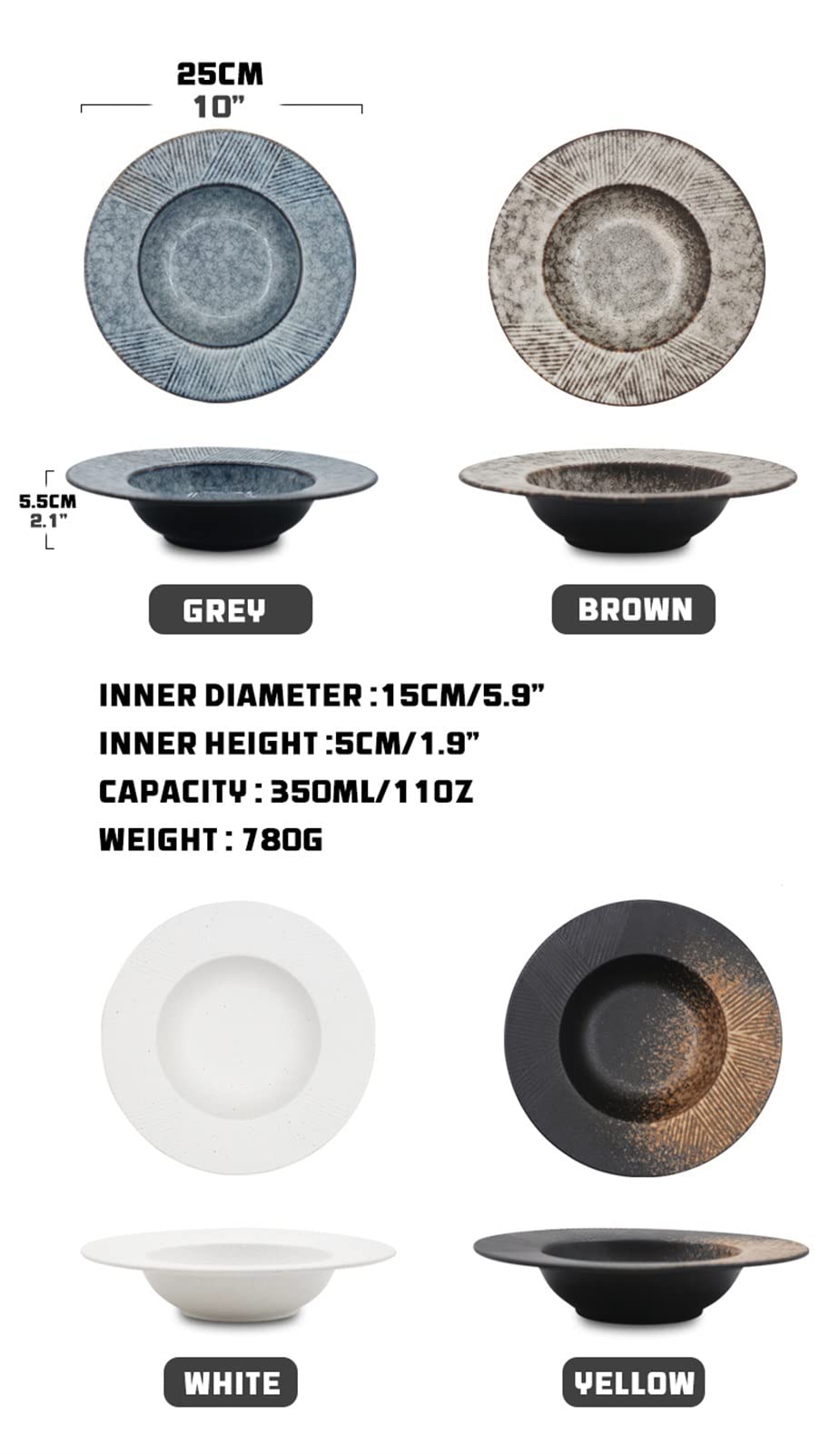 Miski z oprawkami, miski do zupy do kuchni z szeroką krawędzią, porcelanowa miska do makaronu w japońskim stylu, średnica 25 cm