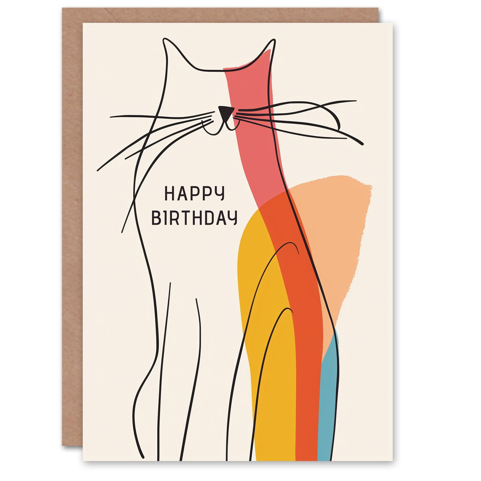 Artery8 Birthday Card Modern Line Drawing Cat Silhouette Colourful Animal For Him Her Man Woman Girl Boy Wife Husband Greeting Card