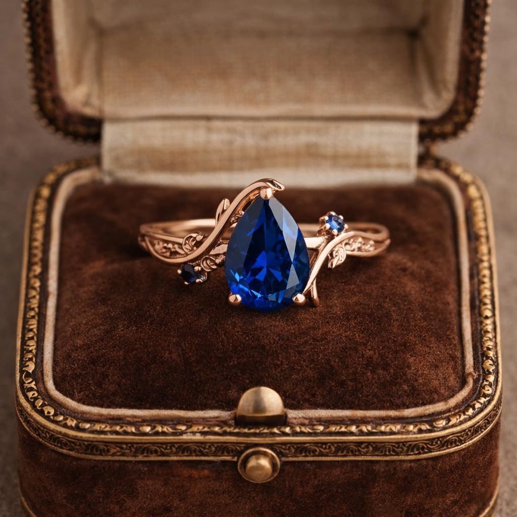 Pear Cut Blue Sapphire Engagement Ring for Women Nature Inspired Leaf Vine Ring in 14K Rose Gold Vintage Floral Promise Ring Customized Jewelry Gift