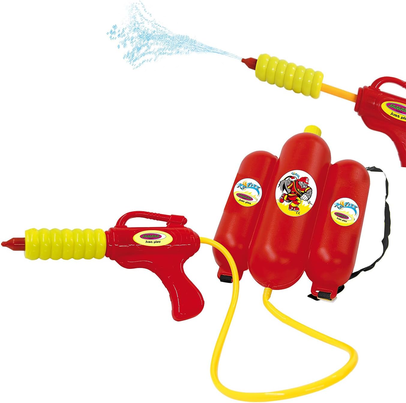 Jamara 460342 - Mc Fizz Water Gun with Tank Backpack 2, 5L – Water Spray Gun with Cool Fire Brigade Design, Spraying Function