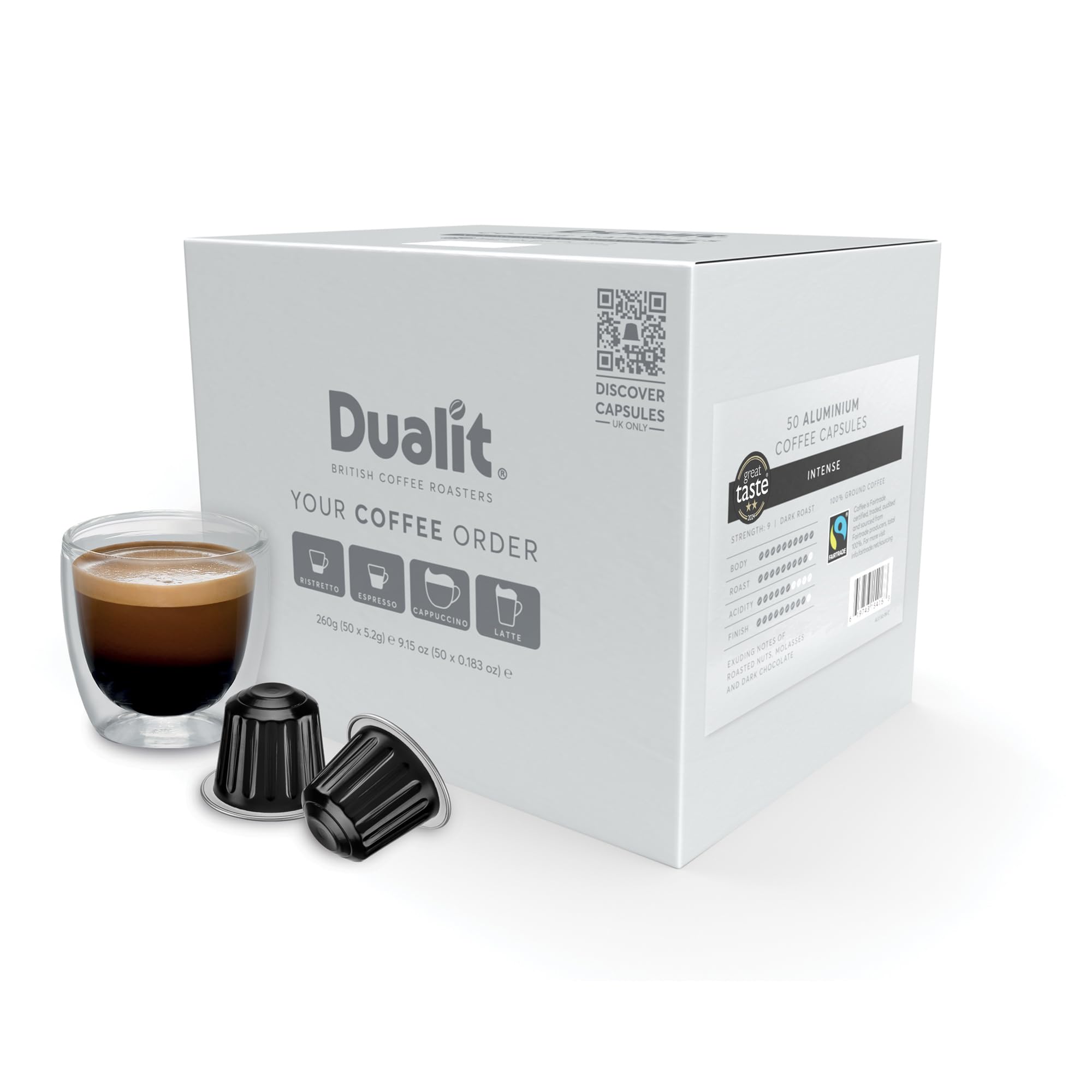Intense Recyclable Aluminium Coffee Capsules by Dualit - Compatible With Nespresso - 50 Servings - 5 X 10 Pk - 50 Servings of Premium Eco Friendly Coffee Pods - 100% Recyclable Fairtrade Capsules