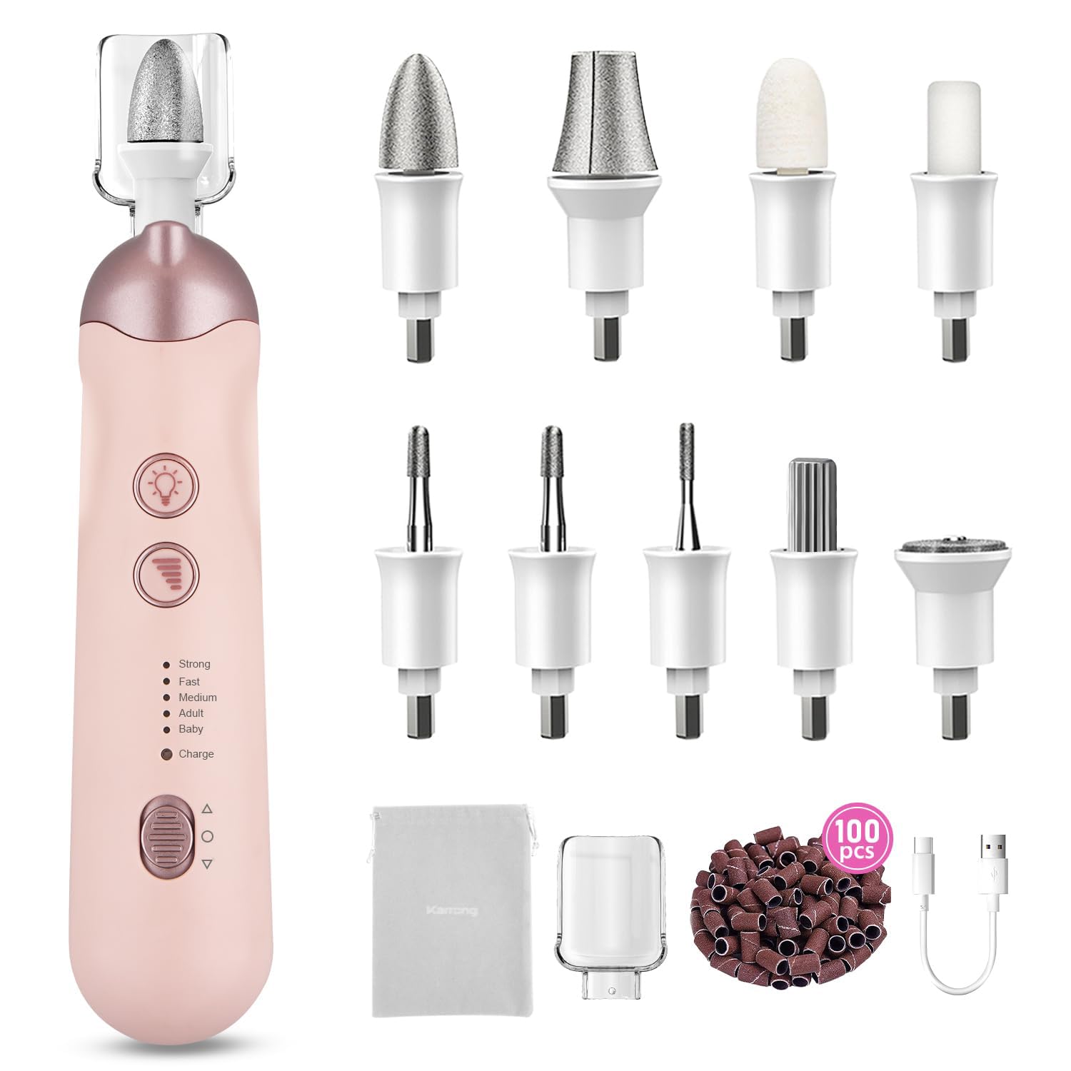 Kit de manicura y pedicura profesional, taladro de uñas inalámbrico 9 en 1 con 100 brocas de uñas, bandas de lijado, molinillo de uñas para humanos, taladro eléctrico de uñas de 5 velocidades, kit de