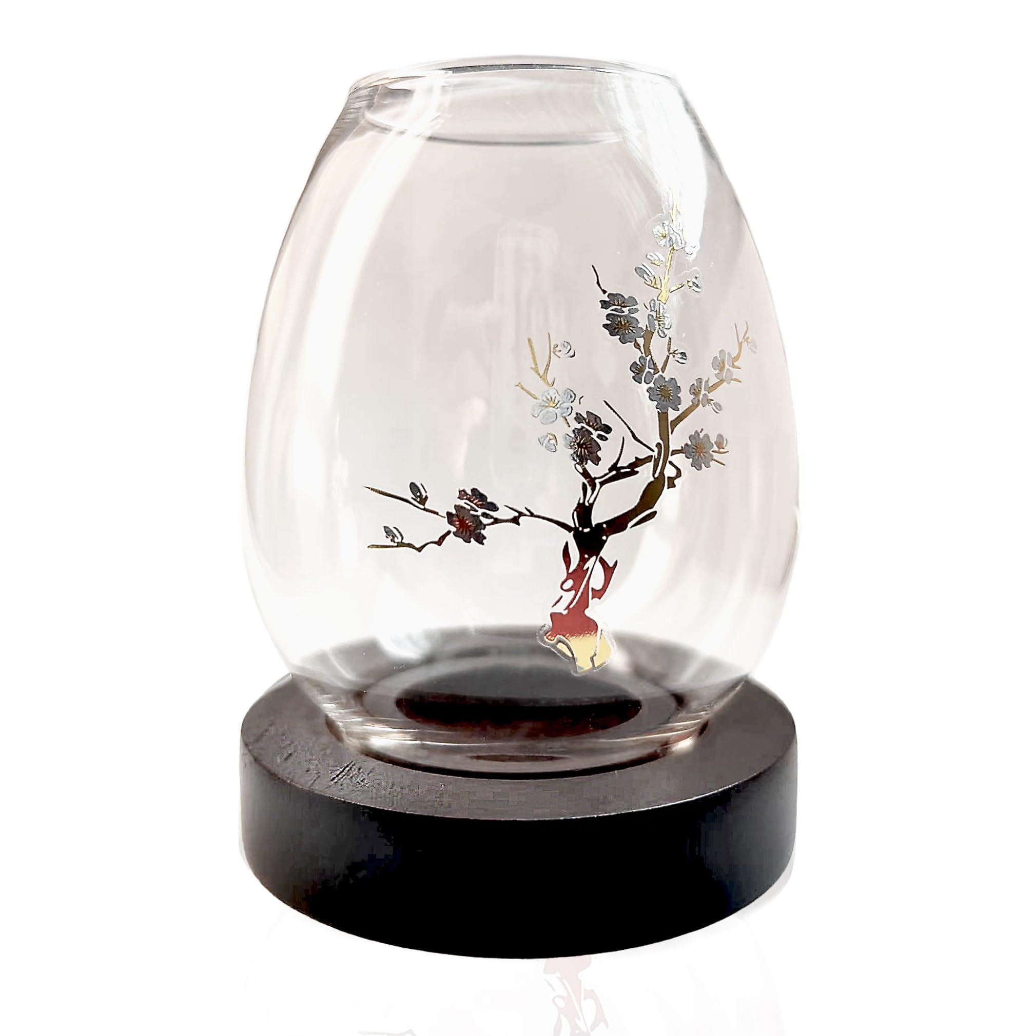 Small Glass Tealight Candle Holders Retro Votive Candlestick with Wooden Base - Windproof Burn-Proof and High Transparency - Perfect for Home Decoration (Plum Blossom)