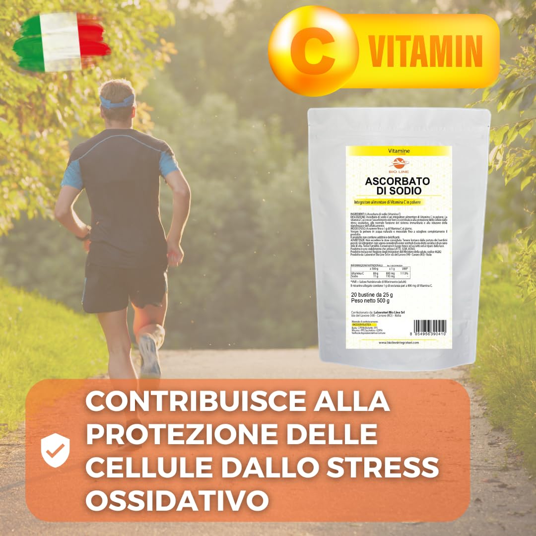 Bio Line Ascorbato di Sodio - Vitamina C Polvere Pura 500 g (20 Bustine da 25 g) Integratore Difese Immunitarie con Elevata Concentrazione di Antiossidanti, Integratori Alimentari Made in Italy