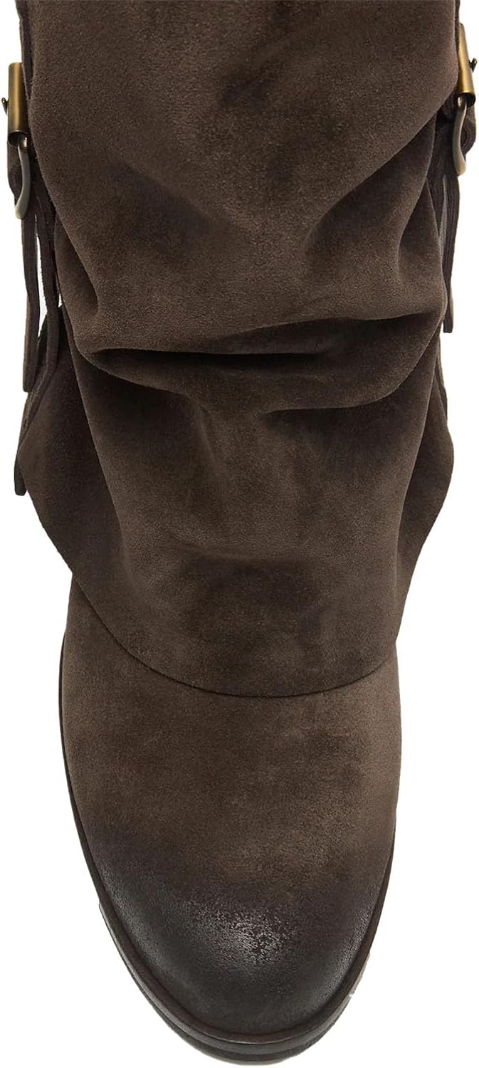 Fold Over Boots for Women Pull-on Slouchy Knee High Boots Square Toe Chunky Heel Stacked Pleated Suede Boot