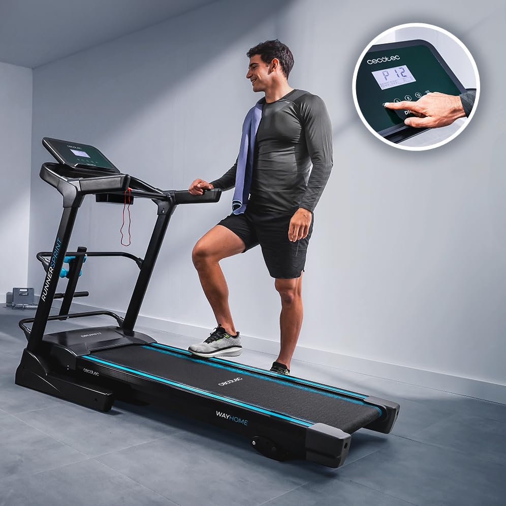 Man selecting program P12 on the Cecotec DrumFit WayHome 1800 treadmill's LCD control panel.