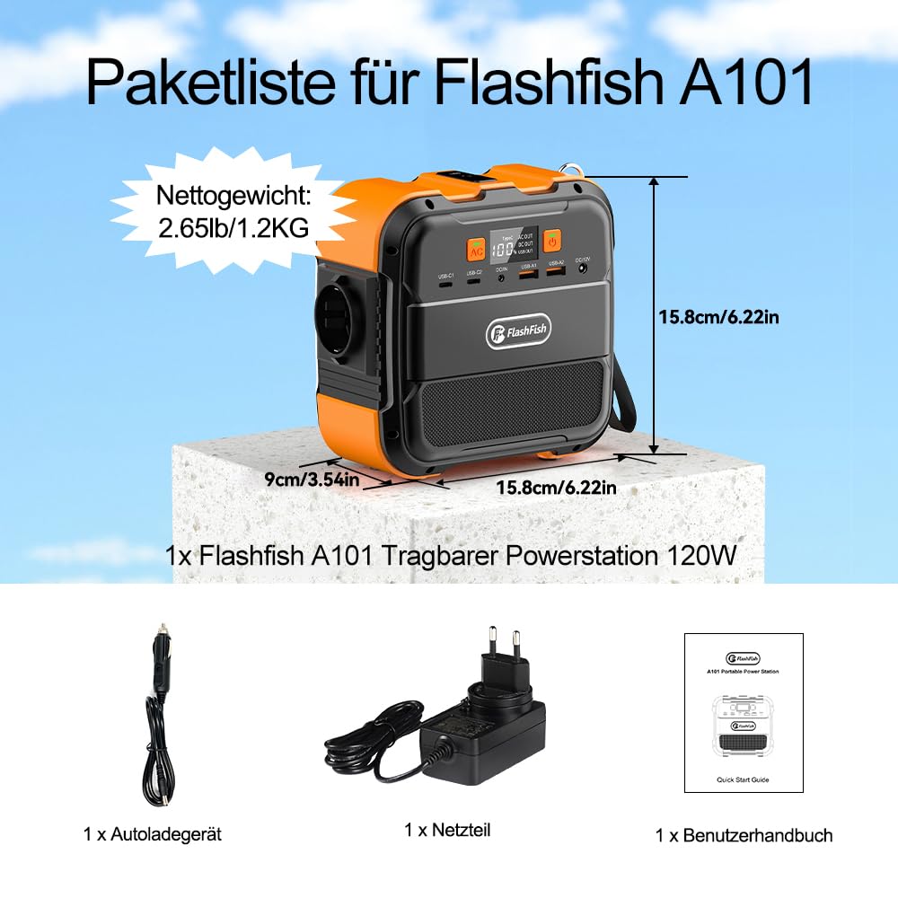 FlashFish Powerstation 98Wh 120W Solargenerator Akku mit 230V AC | Tragbare Solar generator mit Typ-C, USB, LED Licht – mobiler Stromgenerator für Camping, Reisen, Stromausfälle