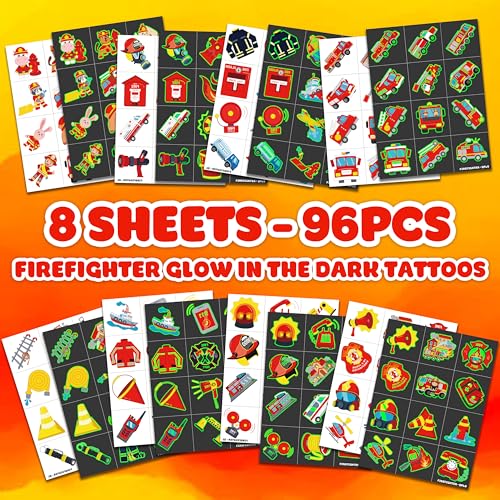 Image of 96 PCS Firefighter Pre-Cut Luminous Glow in the dark Temporary Tattoos | Super Cute Themed Birthday Party Favors, Supplies, Decorations, Firetruck Fake Tattoo Stickers Gifts for Boys Girls