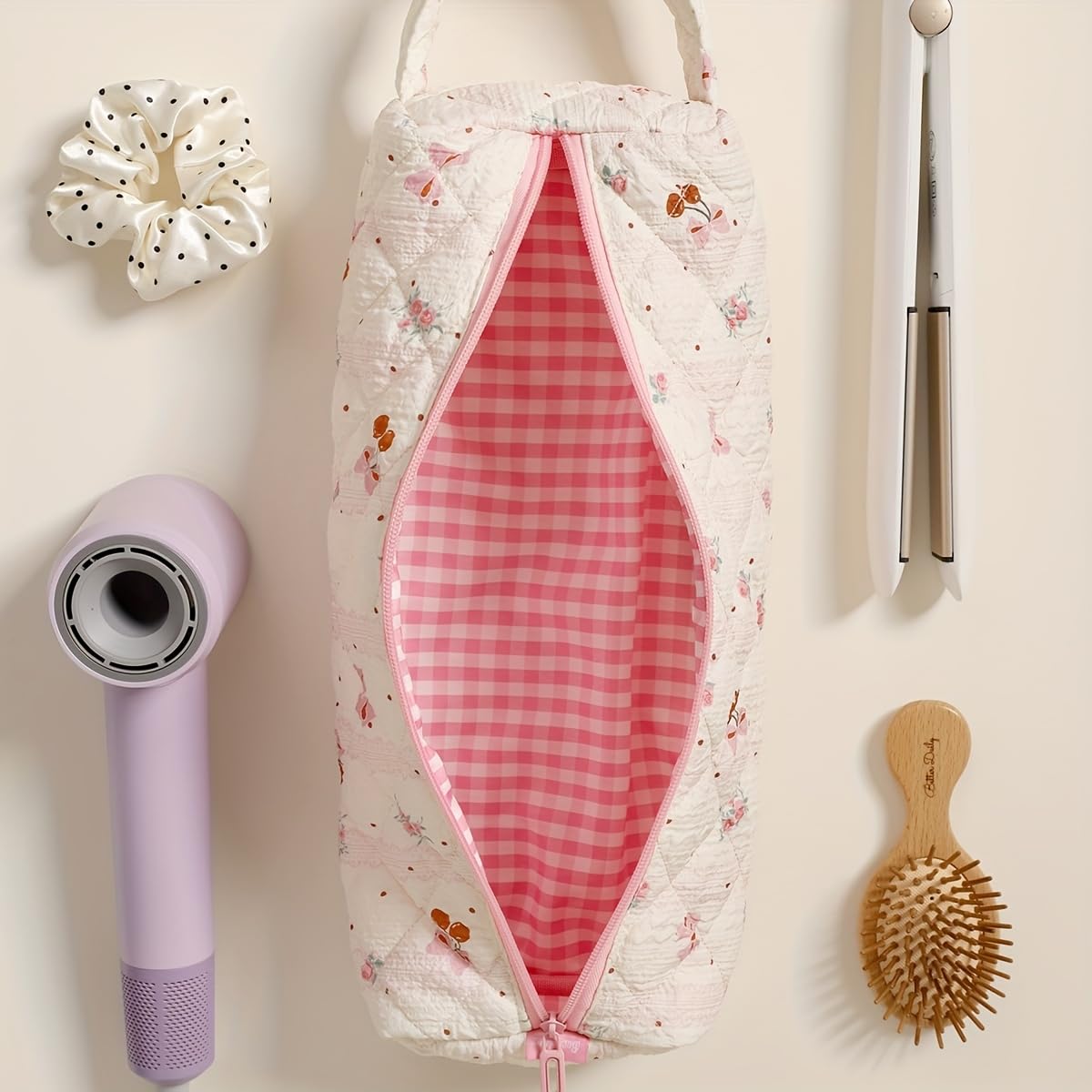 Bolsa organizadora de herramientas para el cabello con cierre de cremallera y diseño de lazo, secador de pelo a prueba de polvo, rizador, almacenamiento de alisador, compatible con viajes, gimnasio — view 6