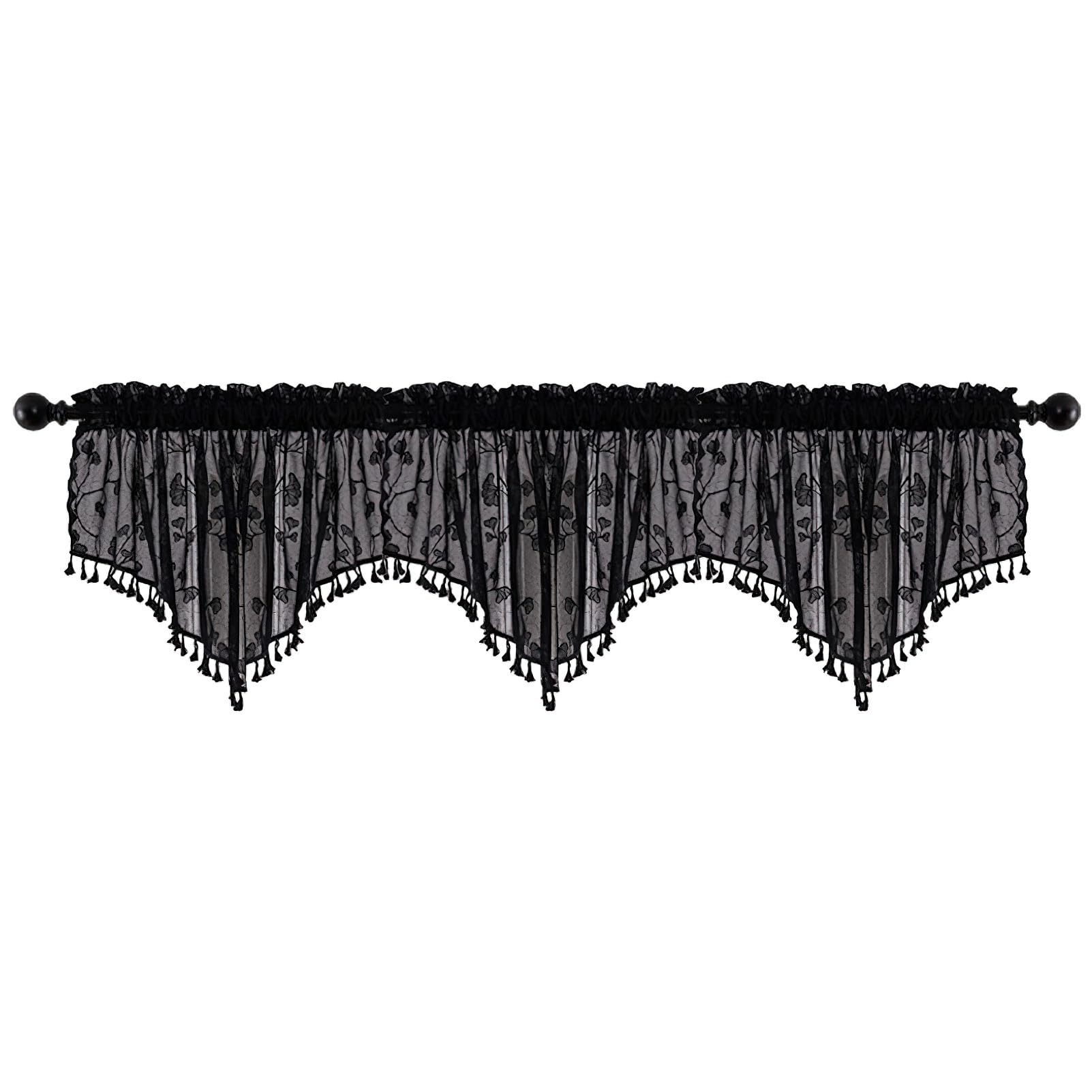 Lot de 3 cantonnières transparentes noires pour fenêtres, petits rideaux décoratifs en dentelle, pour cuisine, salon, motif feuilles