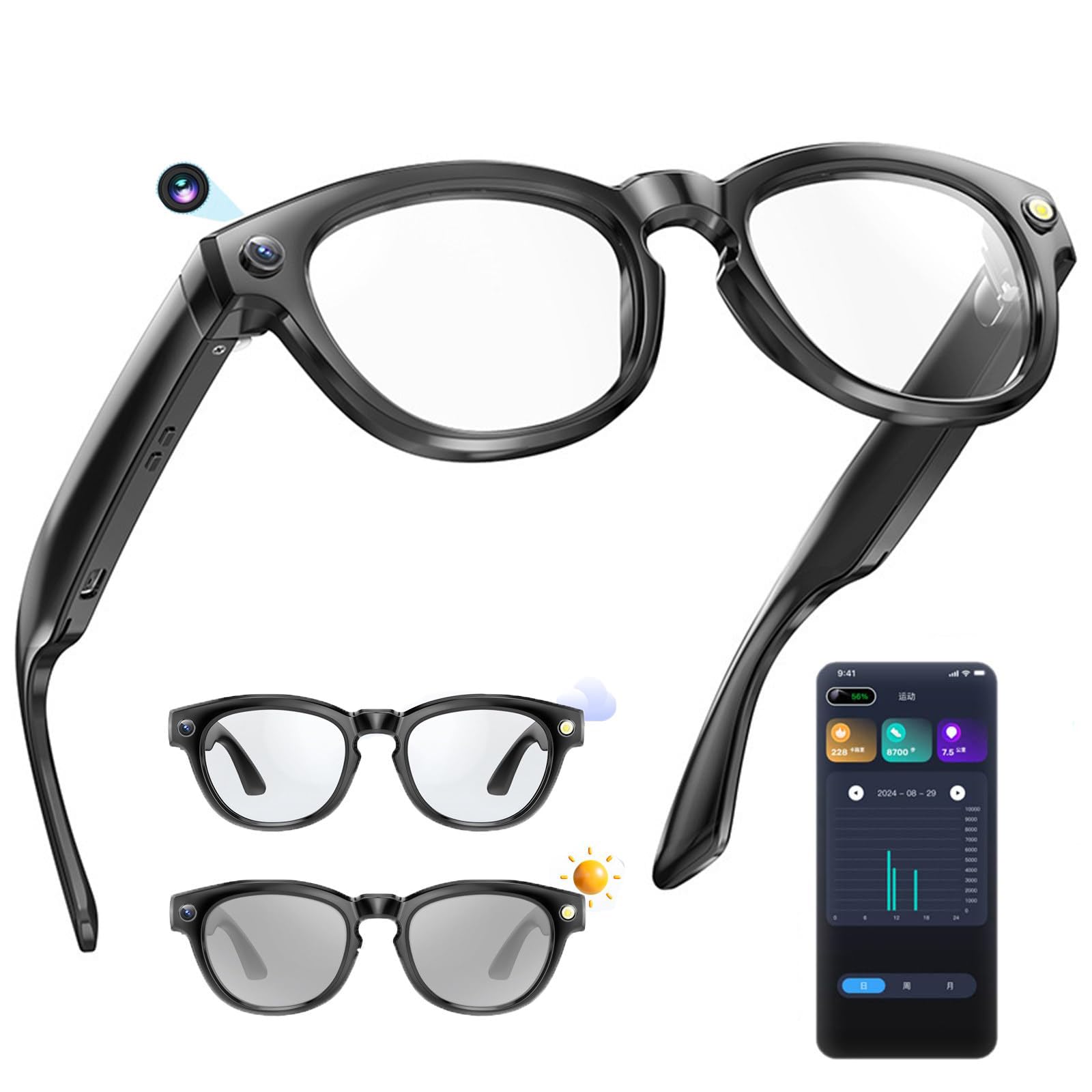 Gafas Inteligentes Con Ia-Lente Fotocromática, Cámara HD 200W Y Altavoces, Fotos Y Vídeos Con Ia, Llamadas De Música, Asistente Voz Y Aplicación Sincronización, Para Viajes