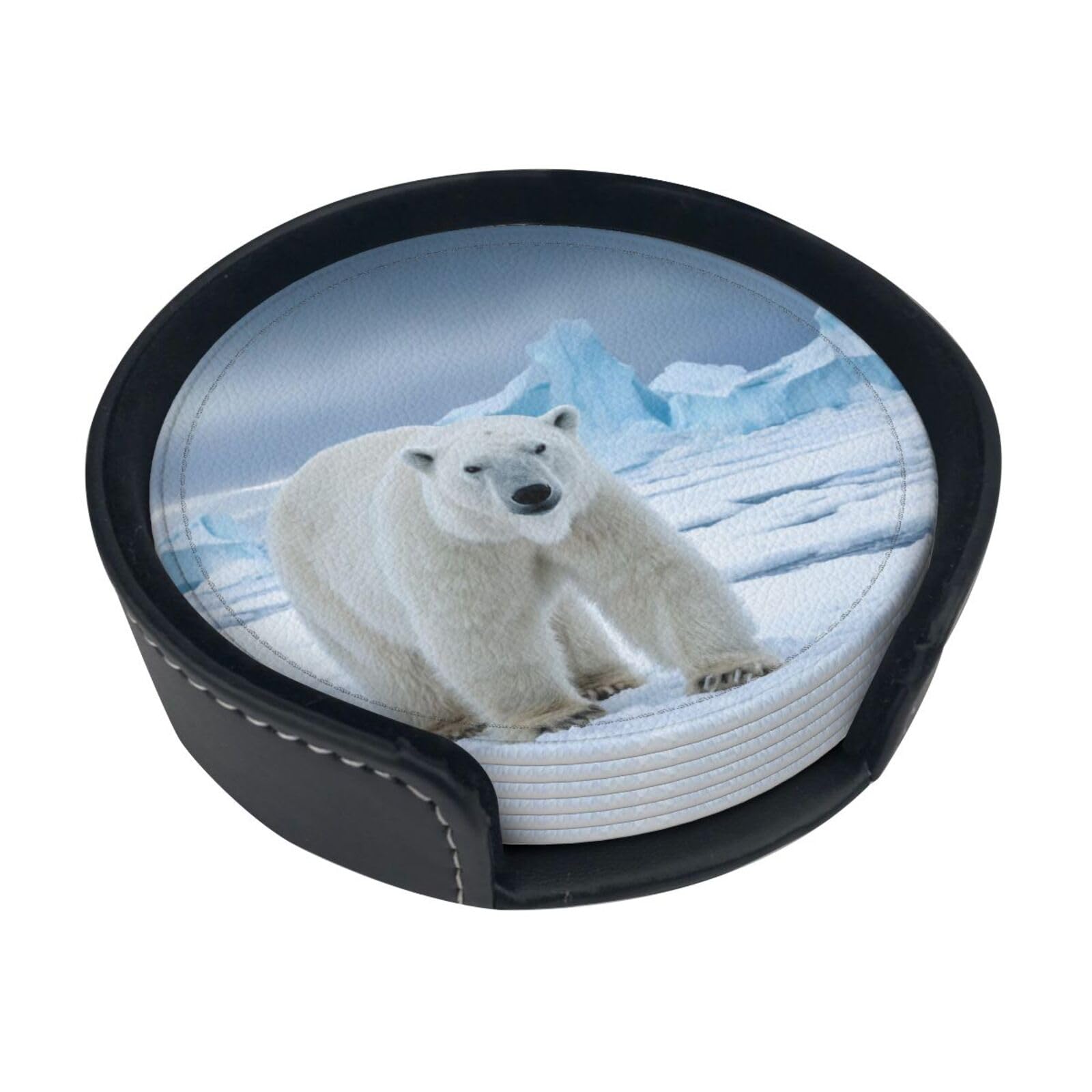 White Bear Leather Coasters-Set of 6 with Storage Holder