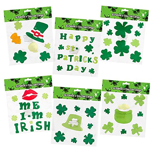 Gift Boutique 6 St. Patrick's Day Gel Clings; Includes: Shamrock, Leprechaun Hat, Pot-O-Gold, Kiss Me I'm Irish and More!!