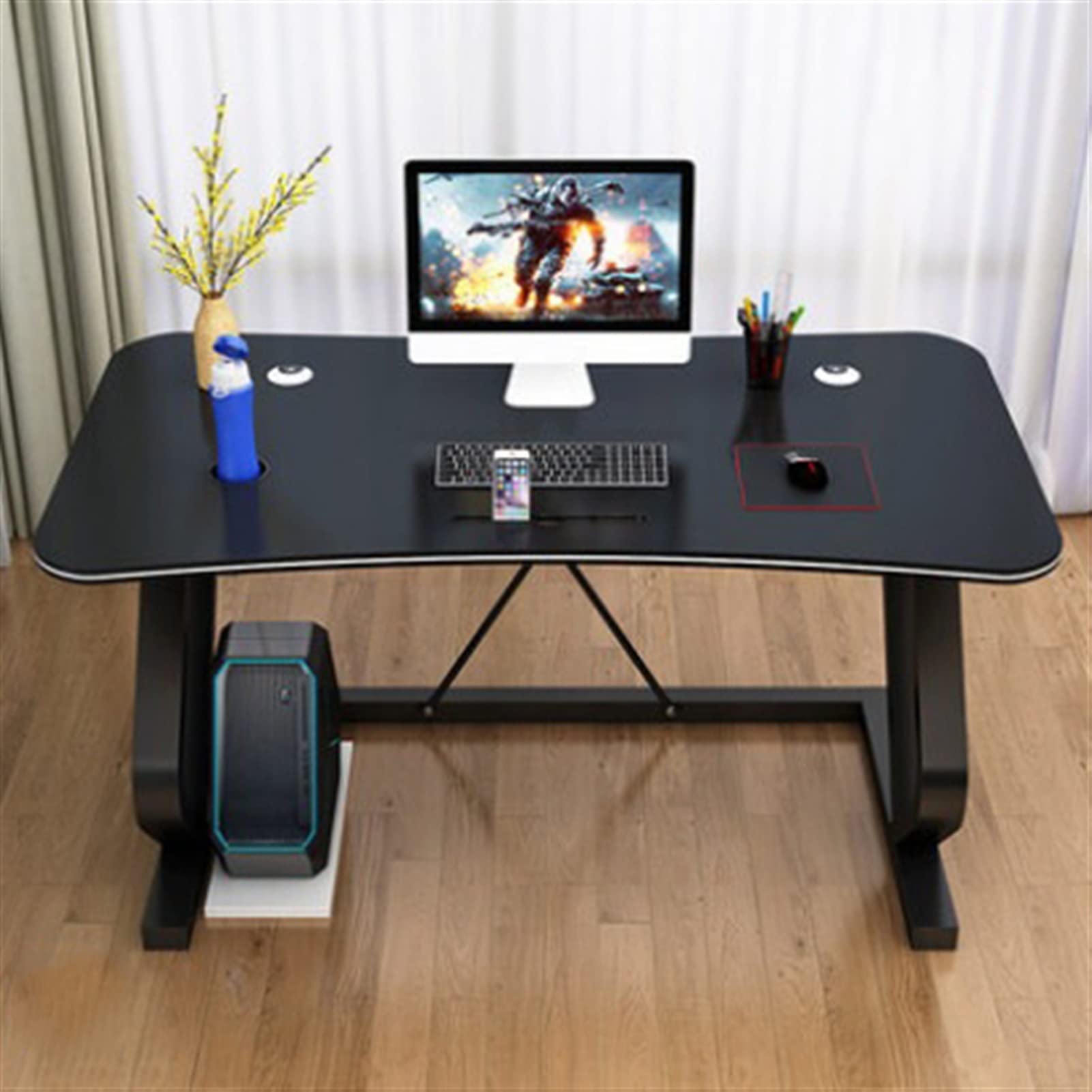 Ergonomischer Gaming-Schreibtisch – Multifunktionaler Computertisch mit Handyschlitz und Bogen-Design für Arbeitsplätze, 120 cm elektronischer Wettkampfschreibtisch