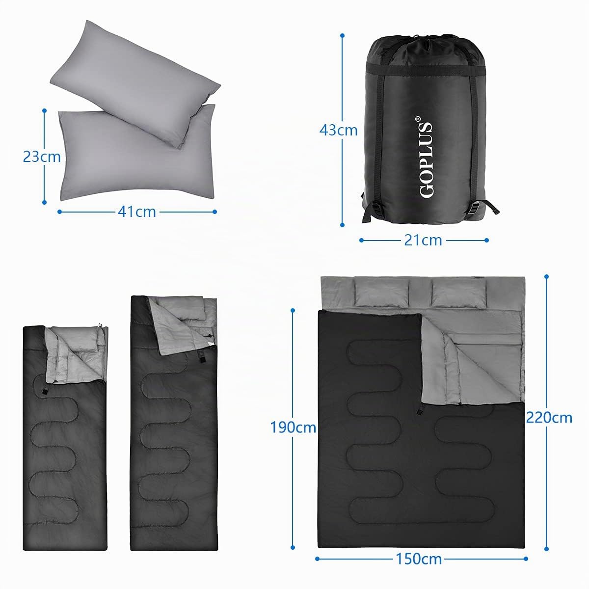 GOPLUS Sac de Couchage Imperméable pour 2 Personnes Détachable avec 2 Oreillers-Un Sac Livré Facilite Le Rangement et Le Transport-Camping,Randonnée, 220X150CM