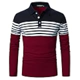 Mens Polo Shirts Long/Short Sleeve Striped Casual Slim Fit Golf Polo Contrast Color Summer Cotton T-Shirts