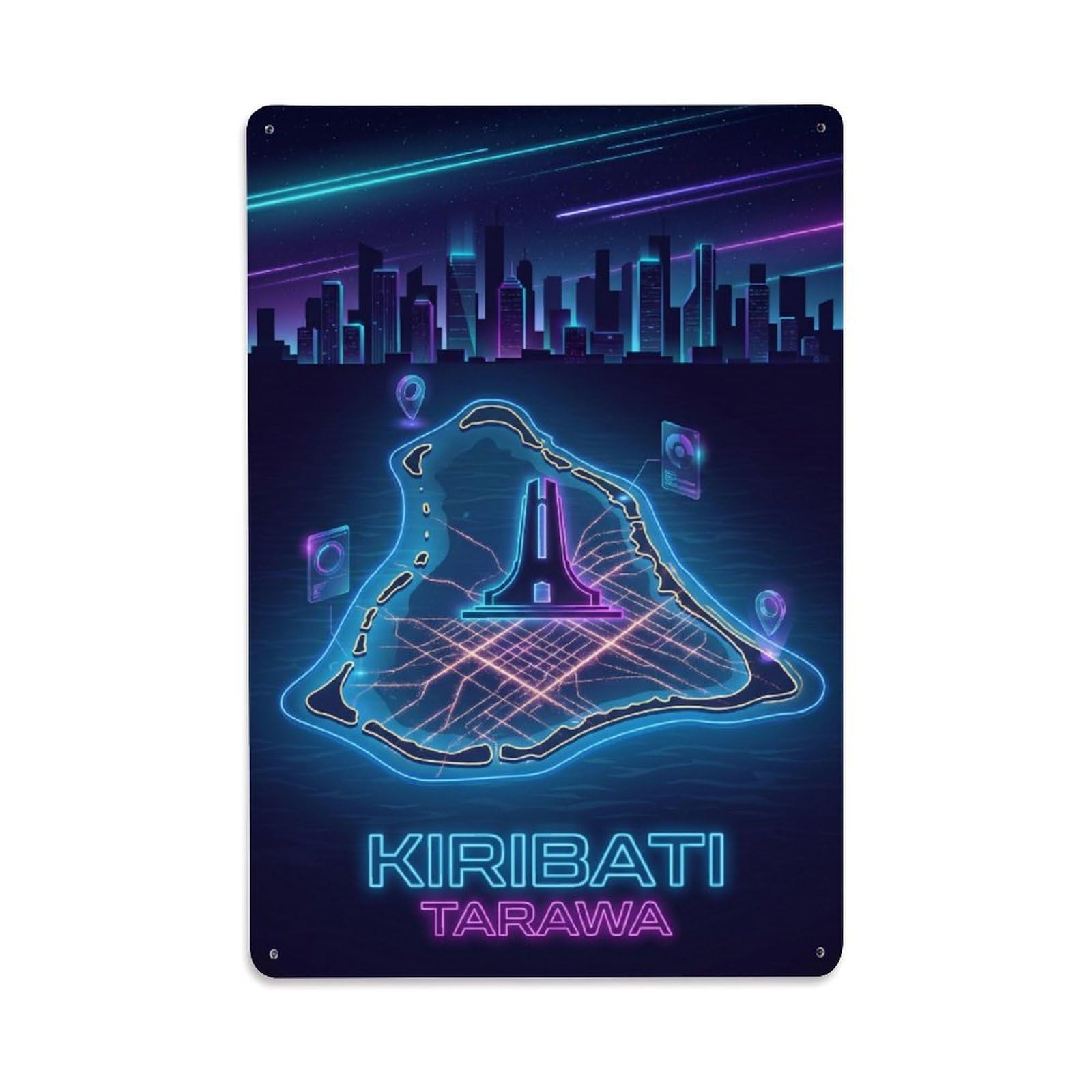 Tarawa Kiribati Cyber Synthwave Island Map Neon Travel Guide Metal Tin Sign Plaque Wall Decor for Cafe, Man Cave, Club Bar, Office, Home Garden Round Metal Poster 8x12Inch
