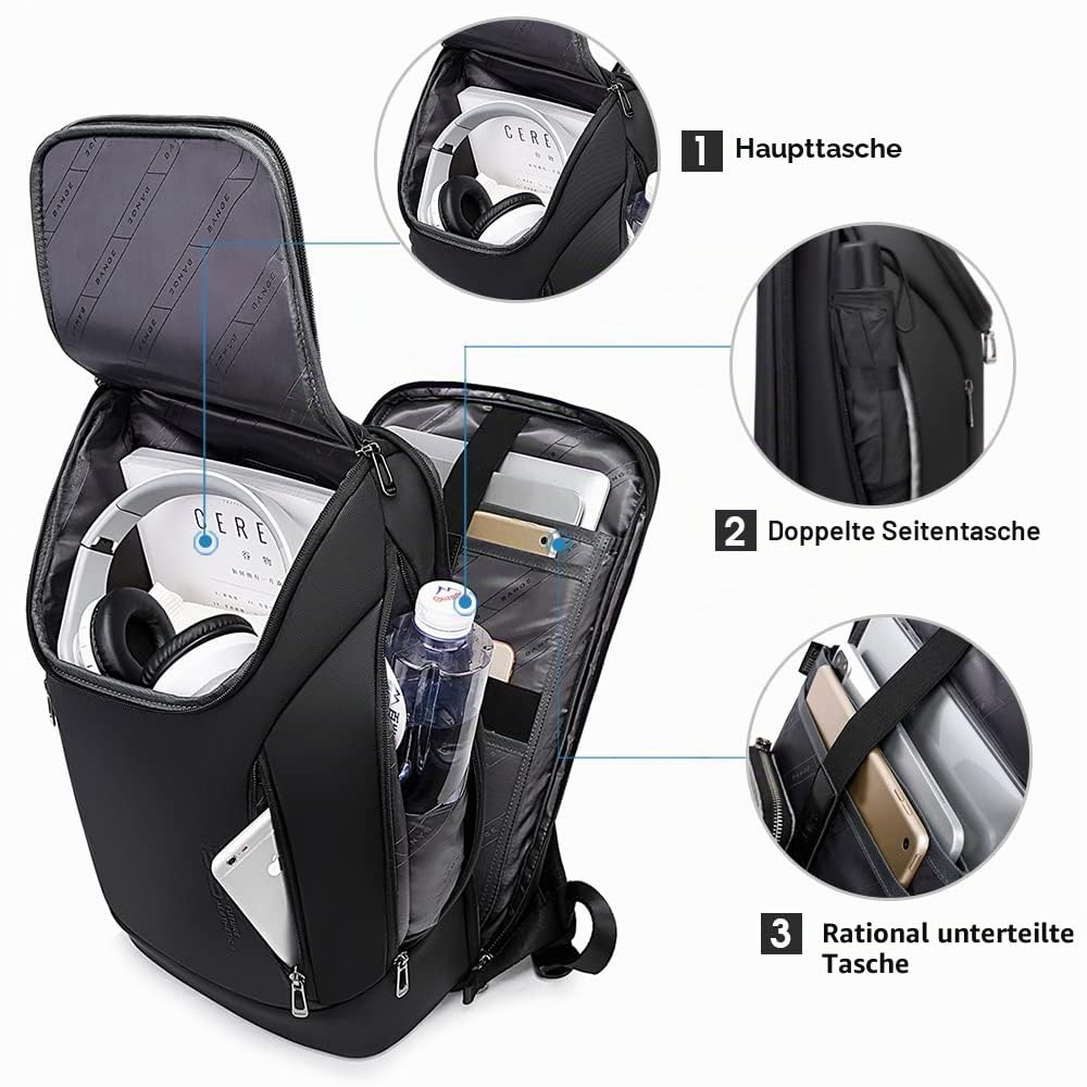 BANGE Business-Smart-Rucksack, wasserdicht, 39,6 cm (15,6 Zoll), Laptop-Rucksack mit USB-Ladeanschluss, langlebiger Reise-Rucksack schwarz