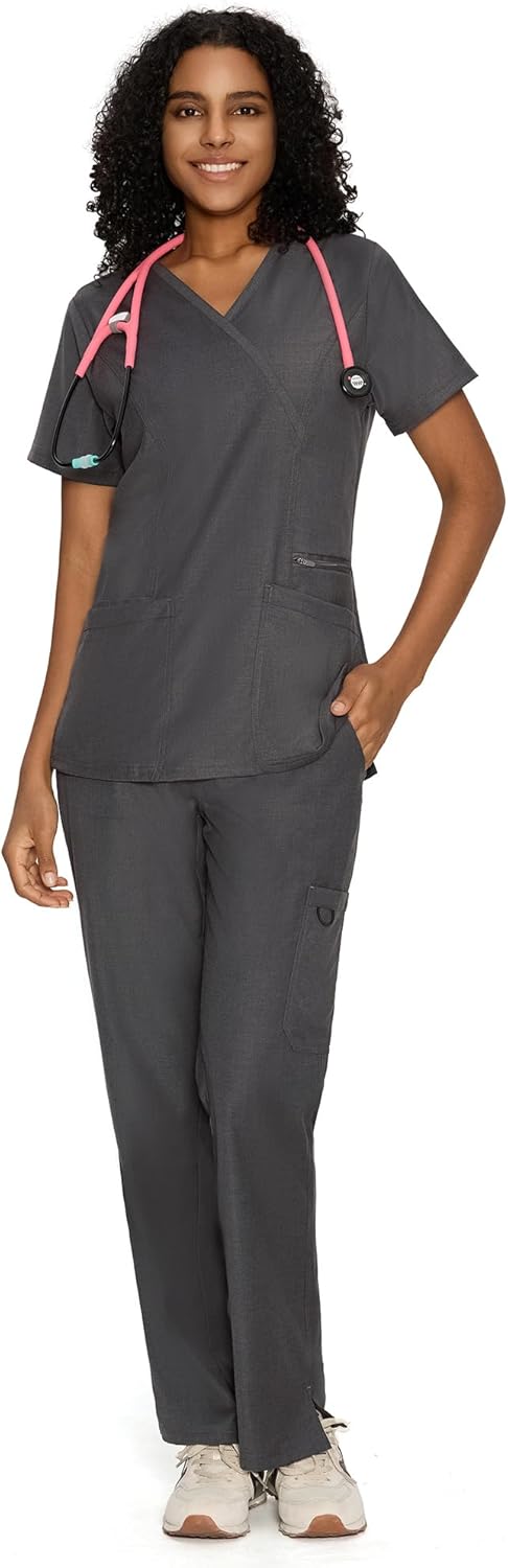 COZYFIT Scrubs for Women - Mock Wrap Top & Straight Leg Pants with 6 Pockets, Back Princess Seams, Soft Fabric - Image 6