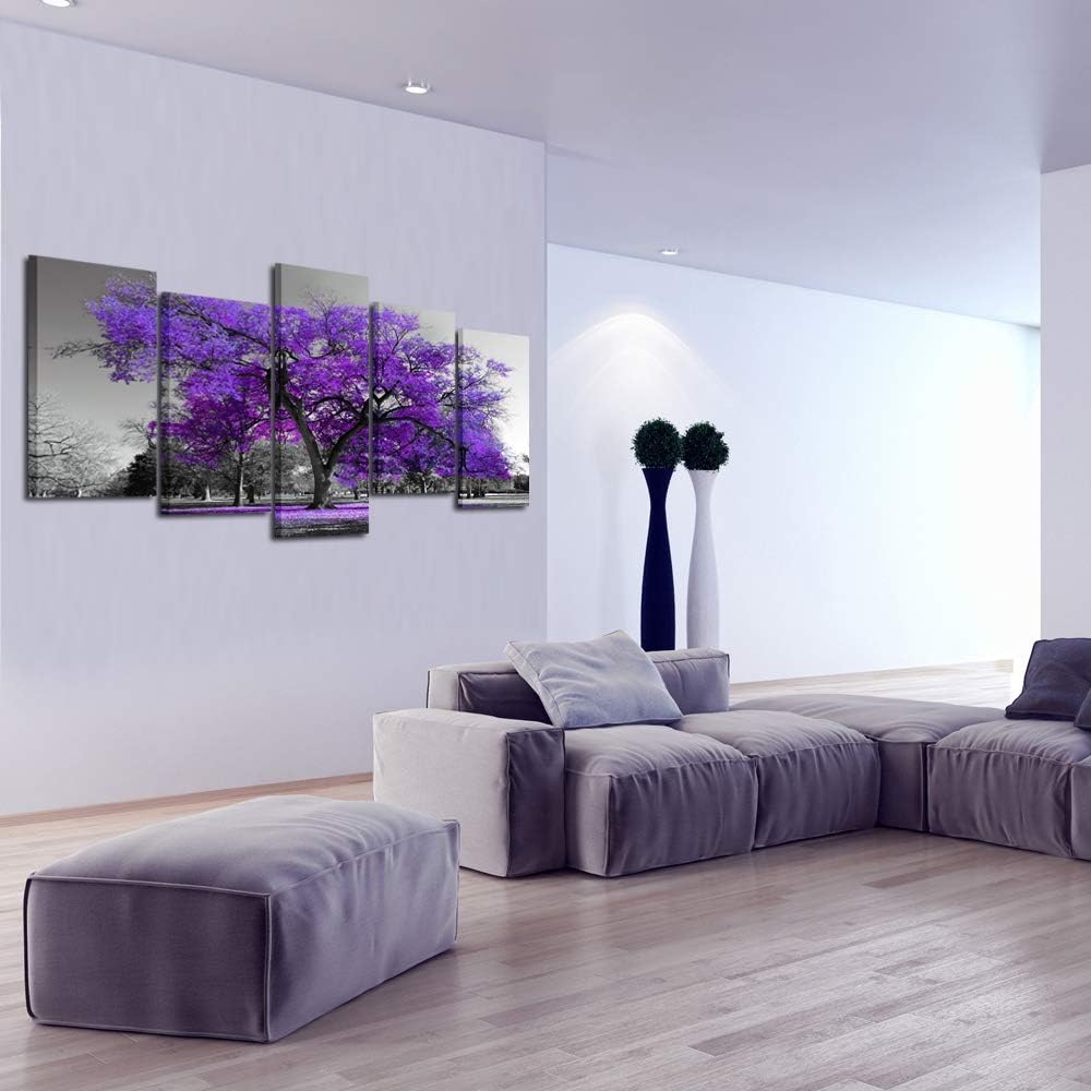 KREATIVE ARTS Purple Tree Wall Art for Living Room Landscape Canvas Prints 5 Panel Black Picture Modern Artwork Contemporary Nature Painting (XLarge Size 80x40inch)