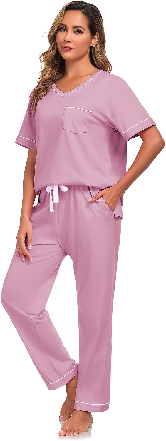 COLORFULLEAF 100% Cotton Pajamas for Women Set V Neck Short Sleeve Sleepwear Long Pajama Pants with Pocket 2 Piece Pjs Sets