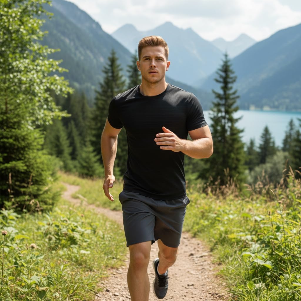 Men's Activewear T-Shirt, Striped, Moisture Wicking Performance Wear, Lightweight Workout Gym,Running Tee