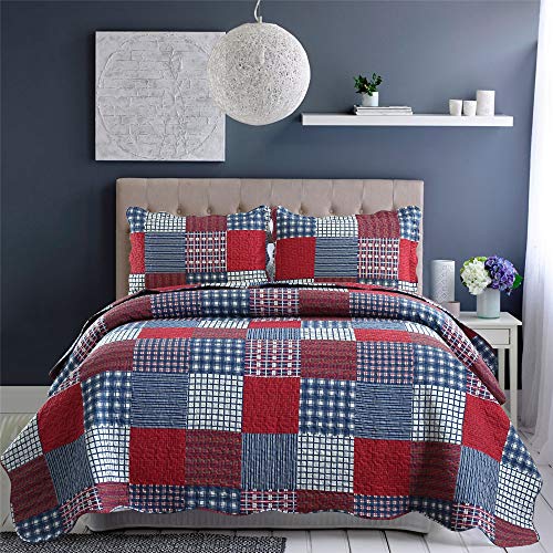 Red Blue Plaid Quilt Full/Queen Size Patchwork Bedspread Country Quilt Blue White Plaid Bedspread Reversible Plaid Printed Quilt Mens Lightweight Coverlet Set Plaid Quilts+2 Pillow Shams