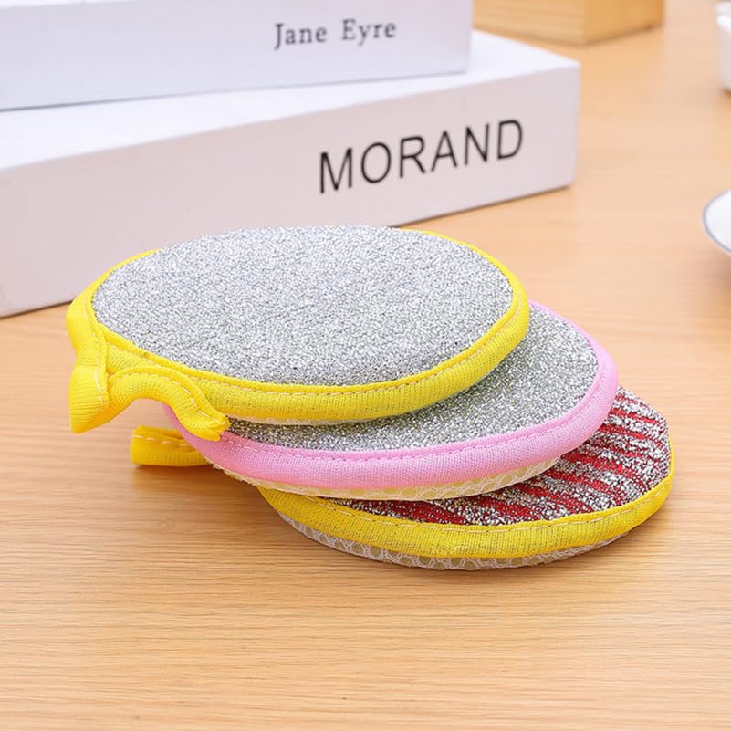 Image of Healifty Double-Sided Round Kitchen Cleaning Sponge Pads 4.72 Inch Durable Dishwashing Scouring Pads for Household Surface Pot and Dish Cleaning - 5 Pack