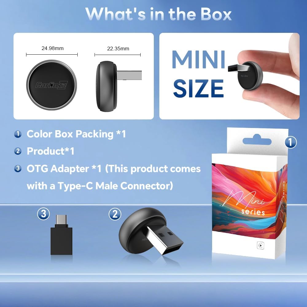 Contents of the CarlinKit Mini Ultra3 package, including the adapter, USB-C OTG adapter, and instruction manual.