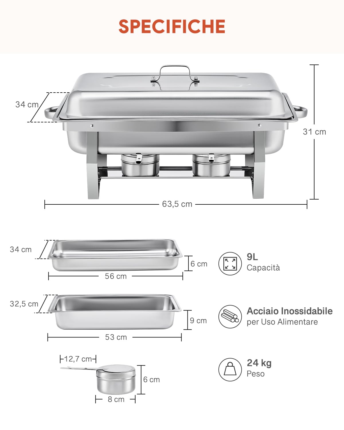 Wilprep 9L Chafing Dish Buffet Scaldavivande in Acciaio Inox con Contenitore e Vassoio di Riscaldamento, Pentole per Servire Buffet, Catering e Feste (Set da 6 Pezzi)
