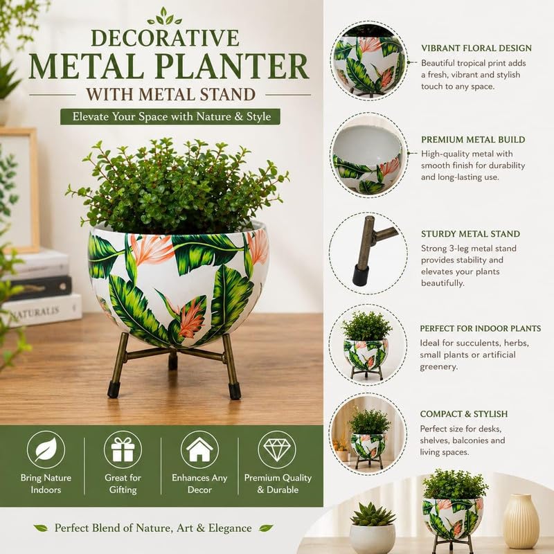 Image of Metal Flower Vase Planter with Iron Stand | Leaf Prints Decorative Indoor Plant Pot for Home Decor | Ideal for Succulents & Small Plants | Sunlit Symphony Design | 6x6x6 Inches