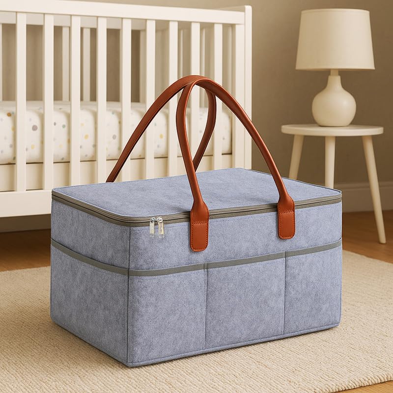 MetDeals Non Woven Felt Baby Diaper Caddy Bag with Zip Cover & Leather Handle with Removable Divider | Baby Essentials Organizer for Diapers,Wipes,Toy,Clothes(Grey - 18X12X9 Inch)