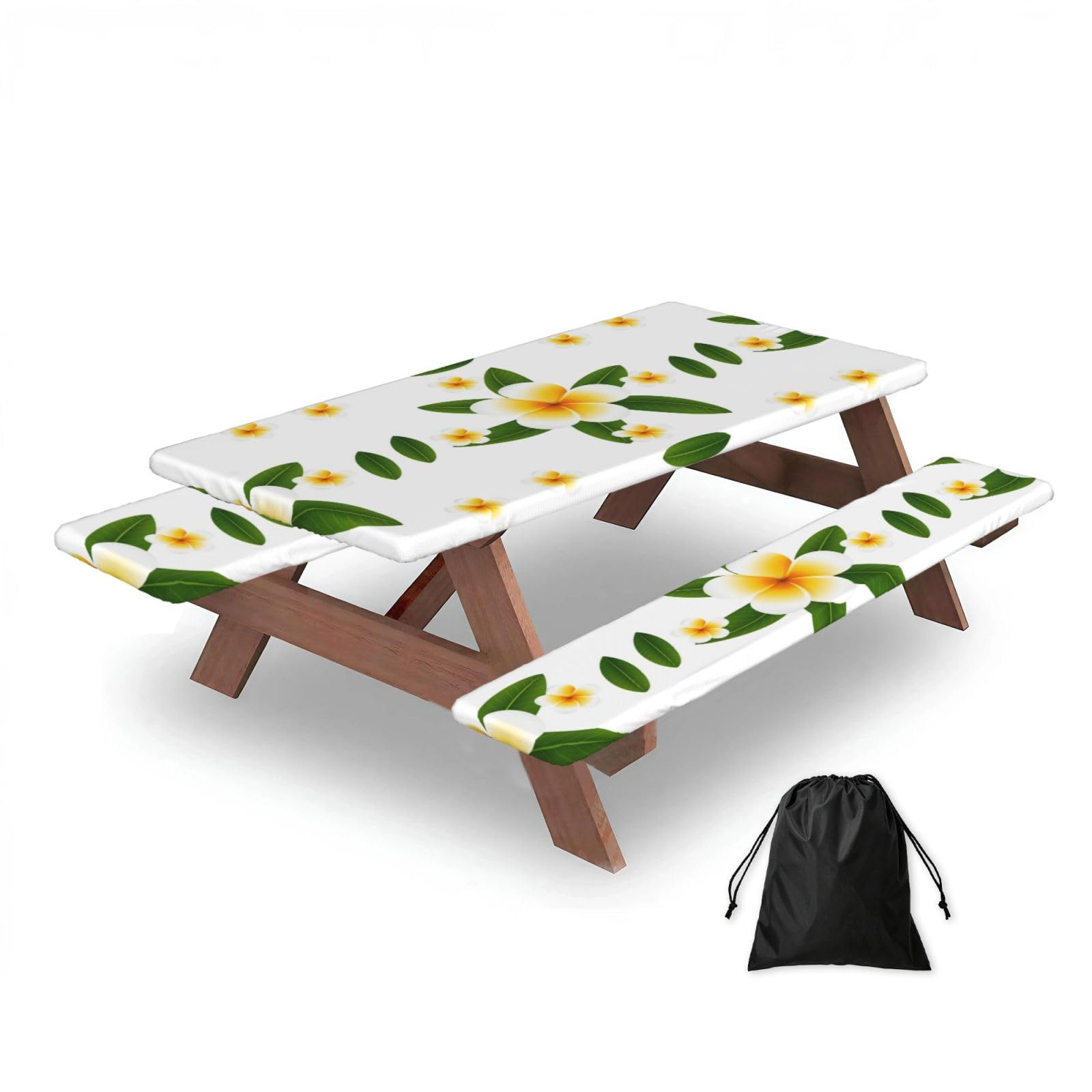 Dopklna As Picture Seamless Background Design With Plumeria And Leaves, Picnic Table Cover With Bench Covers -Waterproof Elastic Fitted Tablecloth For Garden Camping Patio 76X152cm