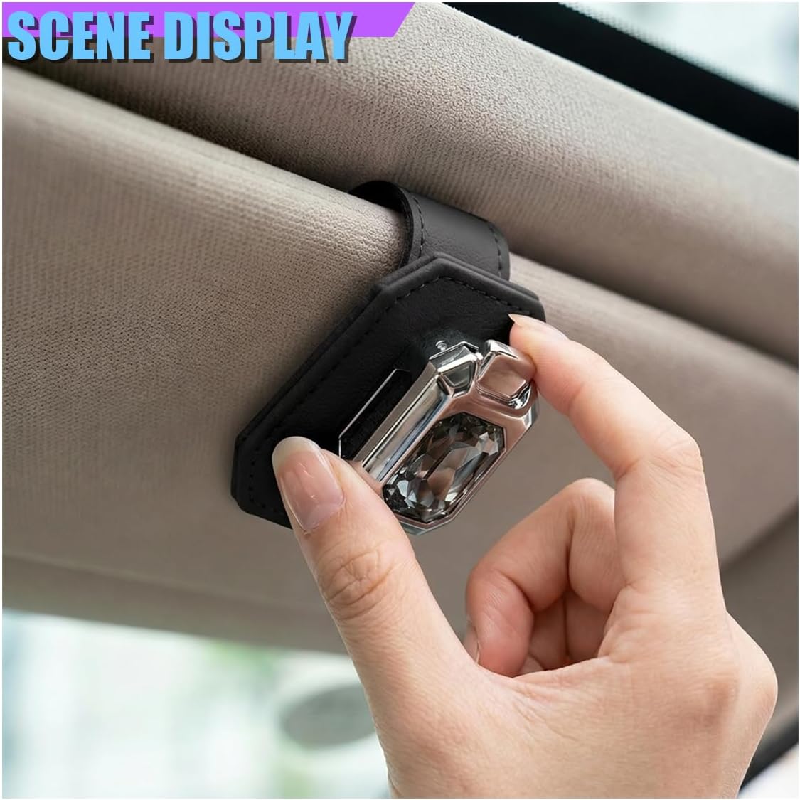 2PCS Sunglass Holder for Car Sun Visor, Leather One Handed Operation Eyeglass Hanger Clip, Universal Auto Interior Storage Organizer Accessories for Car SUV Truck(Crystal) image 3