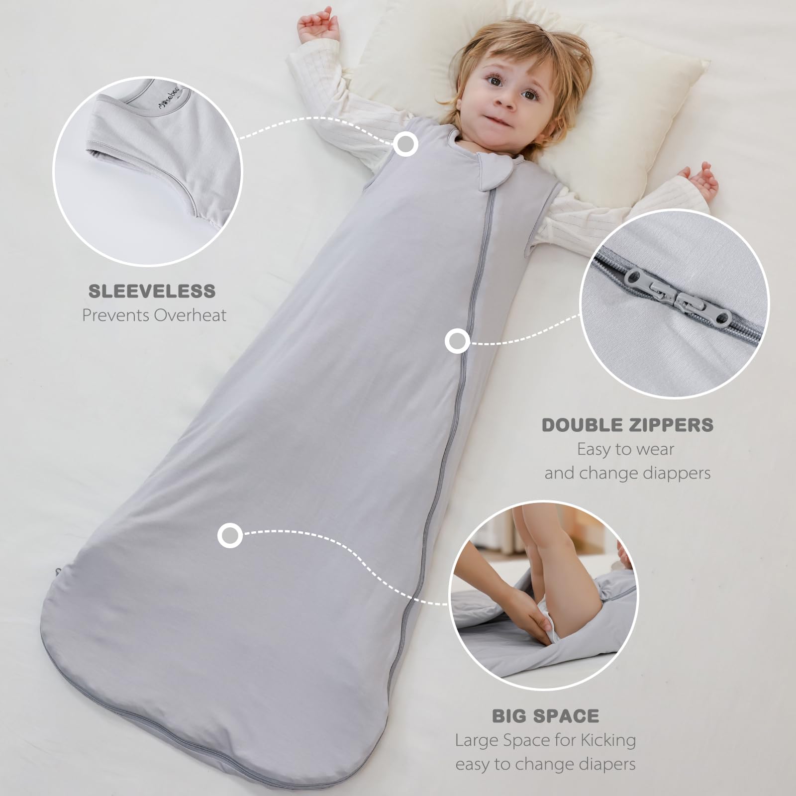 Mosebears Sacco nanna invernale per bambini 2,5 tog,Sacco Nanna Neonato in fibra di bambù, morbidissimo e caldo(0-6 mesi,Light grey)