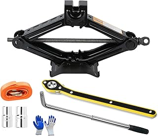 Universal Scissor Car Jack, Load 2.5 Tons, Lifting Height 10-39CM, with Tow Rope 2M, Wrench*2, Gloves, Tyre Repair Tools Kit for Car Van Sports Utility Vehicles
