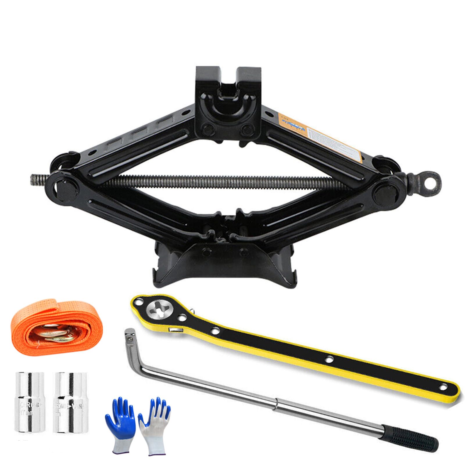 Universal Scissor Car Jack, Load 2.5 Tons, Lifting Height 10-39CM, with Tow Rope 2M, Wrench*2, Gloves, Tyre Repair Tools Kit for Car Van Sports Utility Vehicles