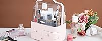 Vista 8 de Nervure Organizador de maquillaje rosa, caja de almacenamiento de cosméticos con tapa, organizador de maquillaje con cubierta libre de polvo y asa